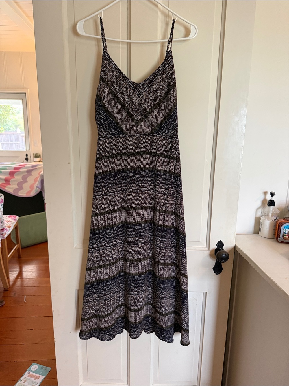 Valette Striped V‑Neck Spaghetti Strap Maxi Dress in Black and Gray